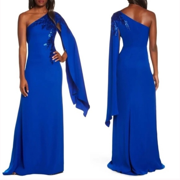 Tadashi Shoji One Shoulder Royal Blue Sequin Cape Sleeve Dress size 10 - Picture 1 of 7